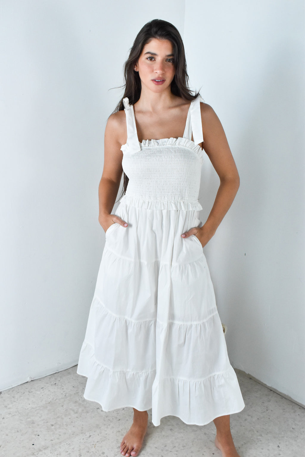 Smocked White Maxi Dress
