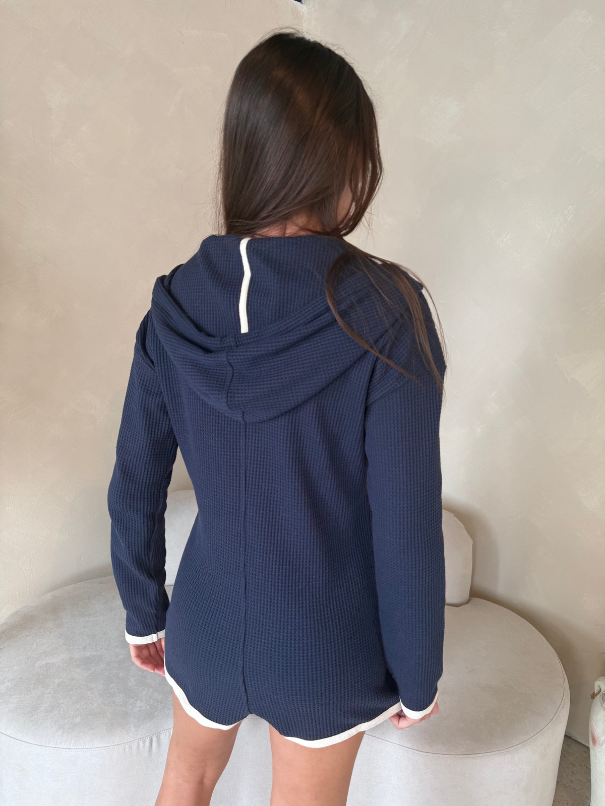 Navy Waffle Hooded Romper