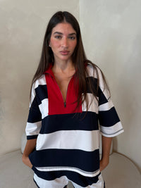 Navy Red Stripe SS Top & Short Set