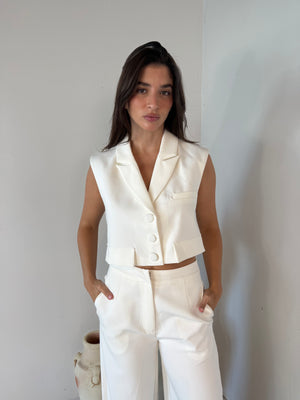 White Cropped Blazer Vest & Pant Set