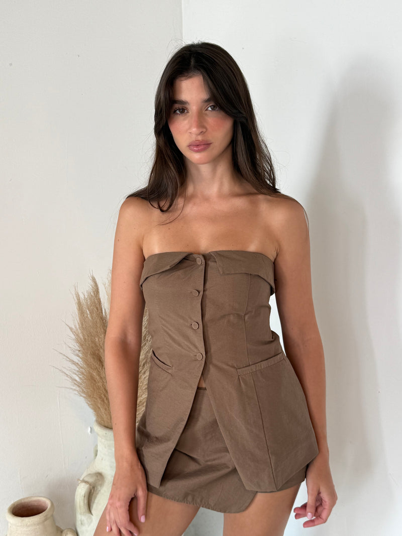 Button Strapless Top & Skort Set