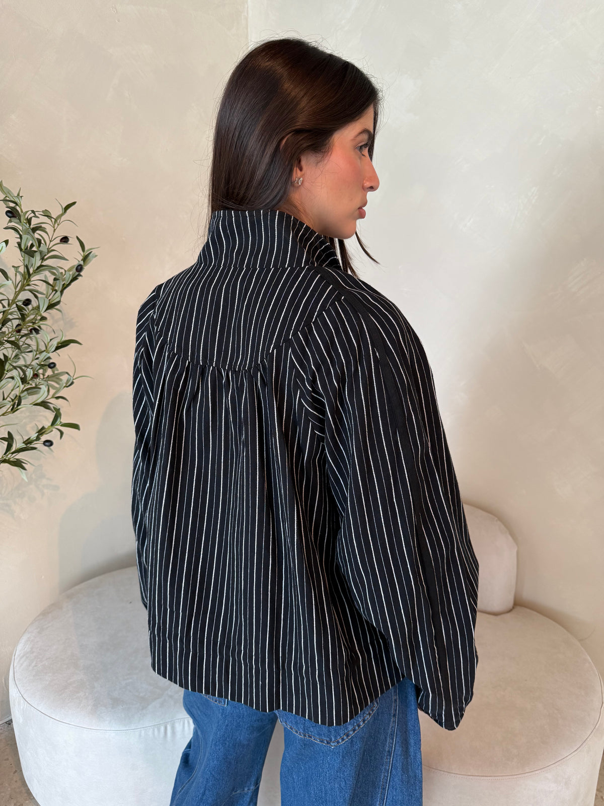 Linen Stripe Balloon Jacket