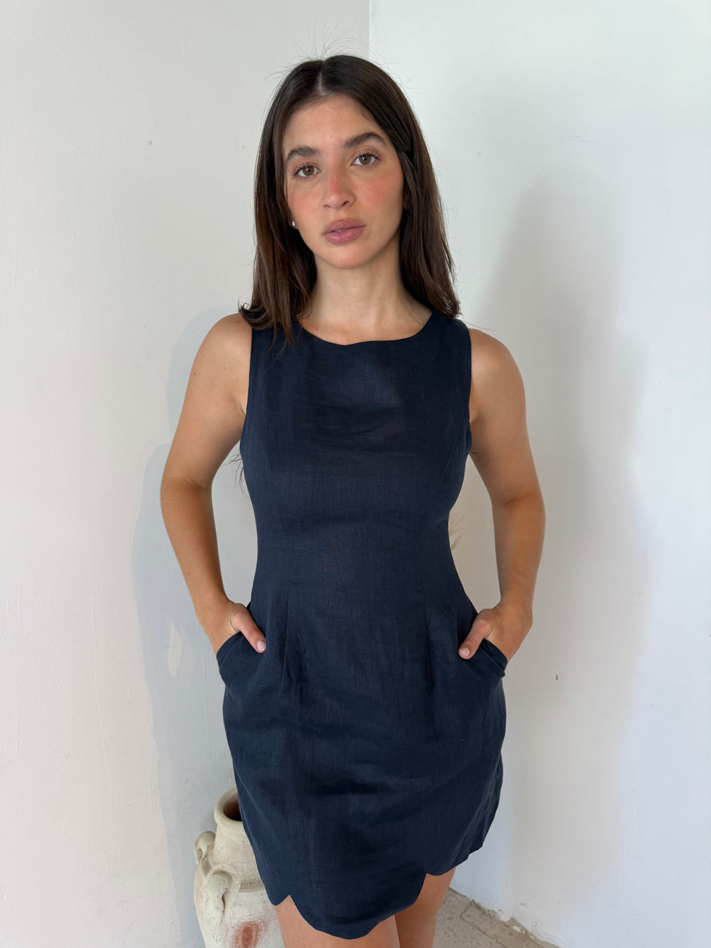 Linen Scalloped Mini Dress
