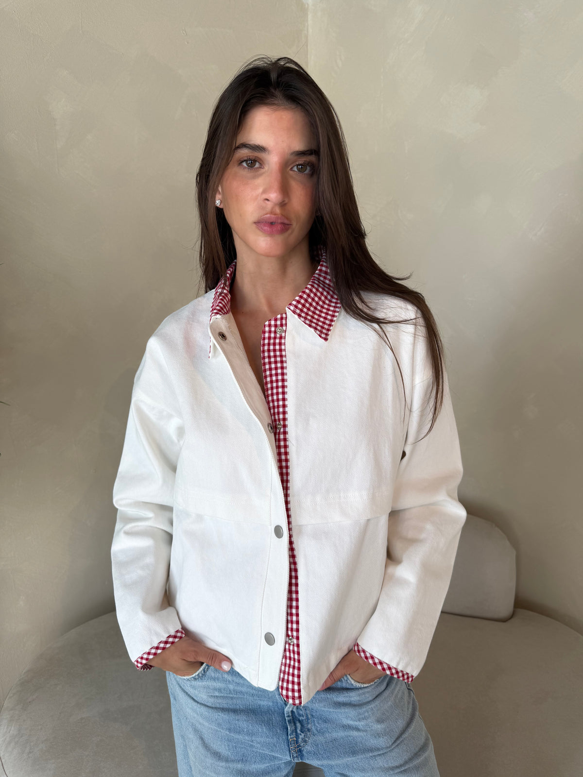 White Denim Jacket with Gingham Contrast