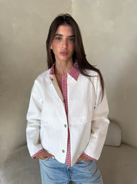White Denim Jacket with Gingham Contrast
