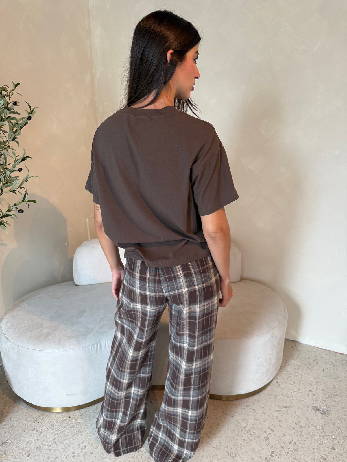 Brown Plaid Gathered Pants
