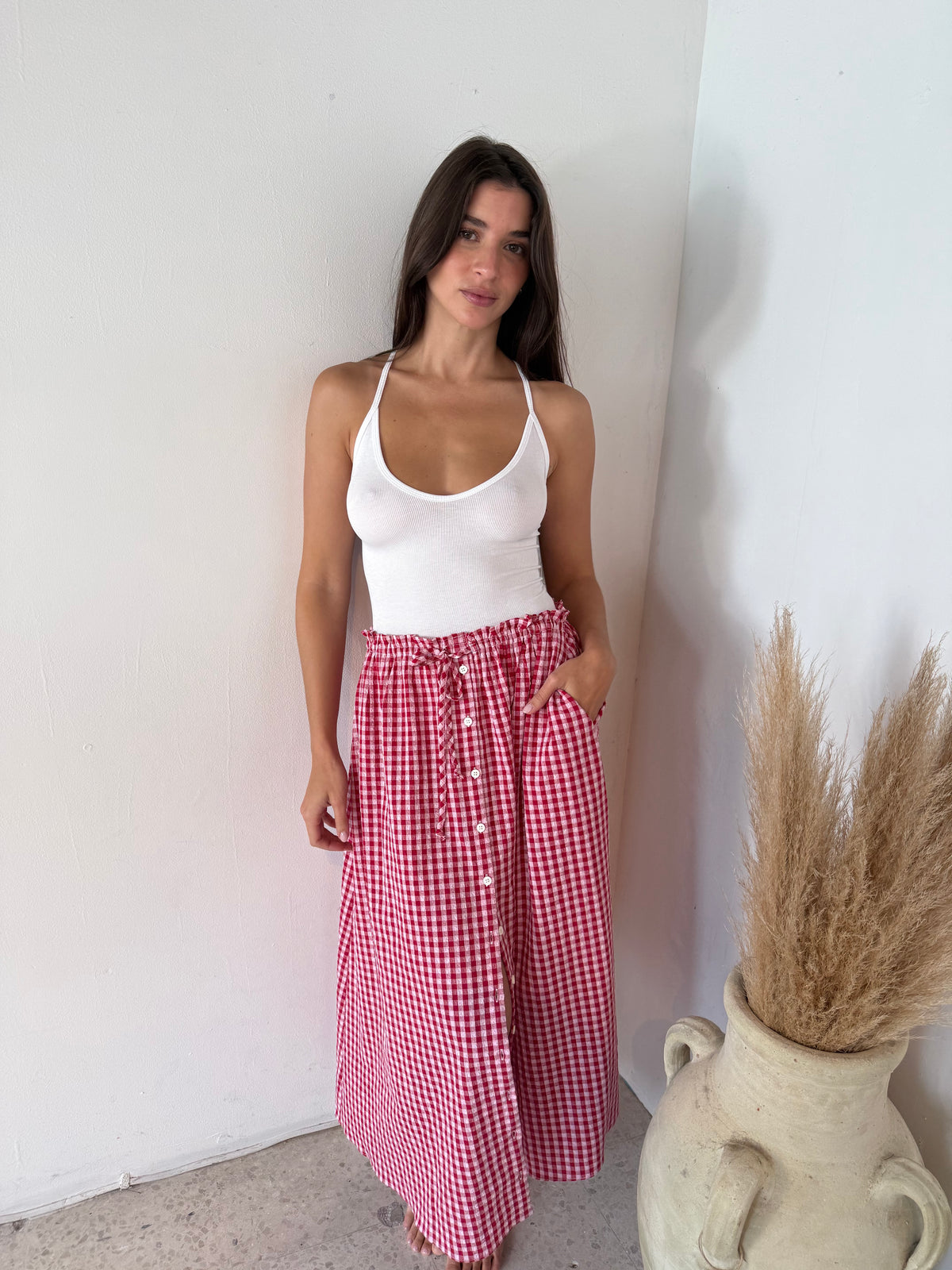 Red Gingham Midi Skirt