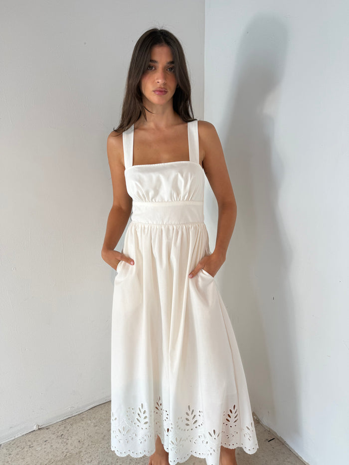 Linen Border Eyelet Midi Dress