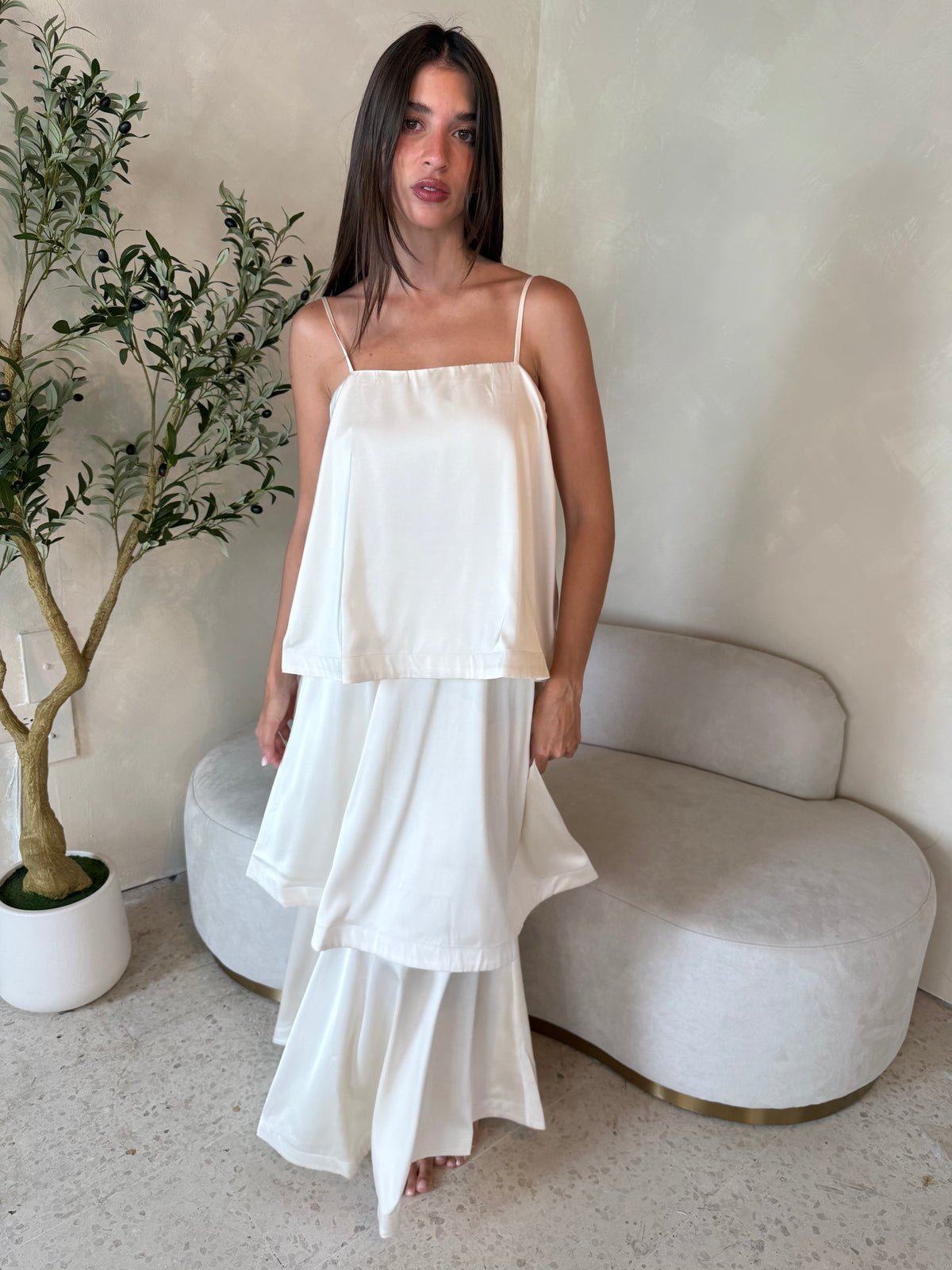 Ruffle Satin Midi Dress