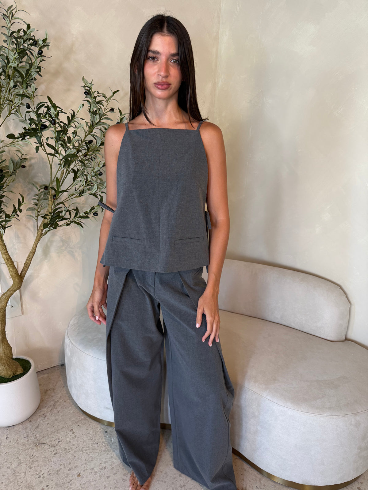 Charcoal Side Tie Top & Pant Set