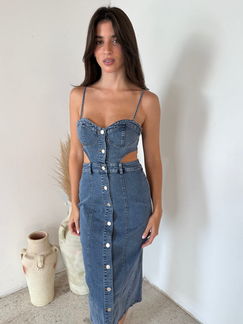 Denim Cut Out Midi Dress