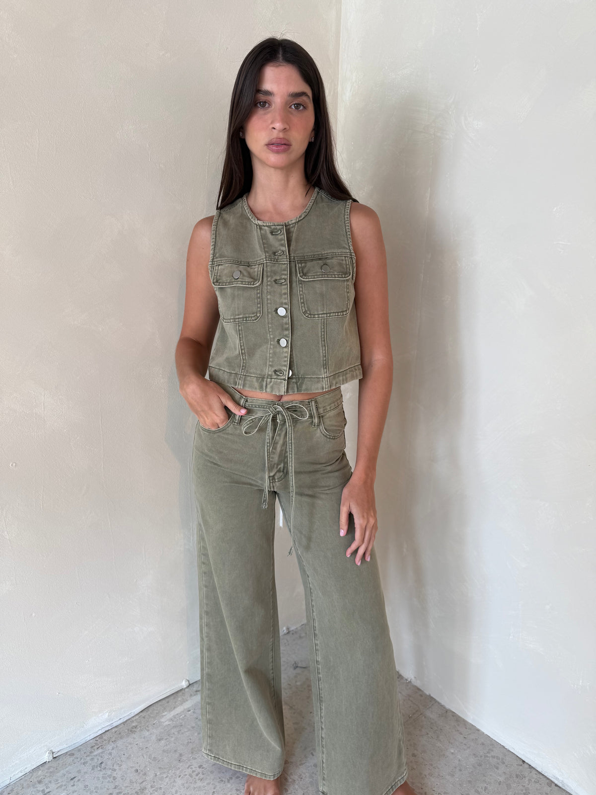 Olive Button Down Top & Drawstring Pant Set