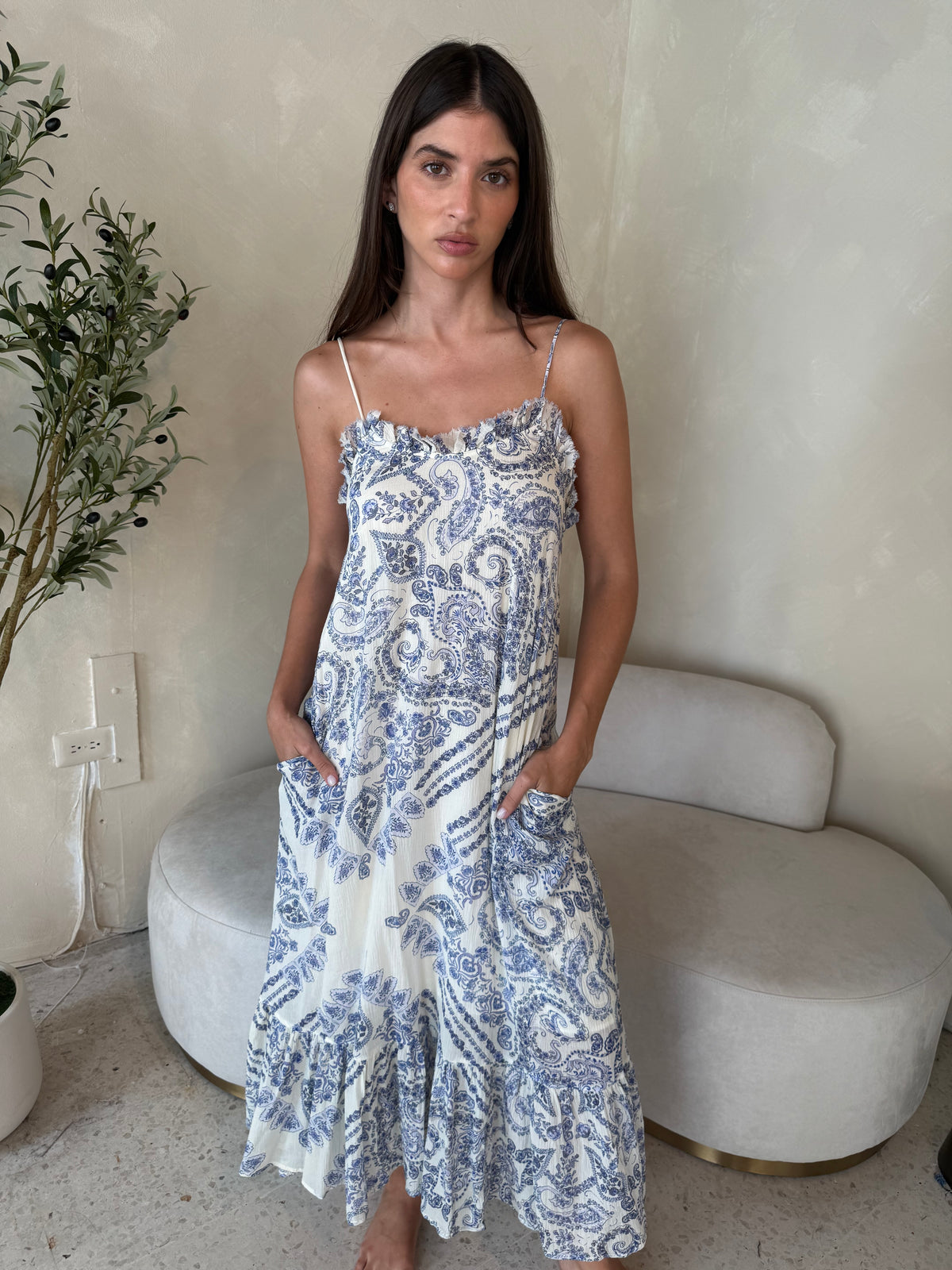 Blue Printed Frill Maxi Dress
