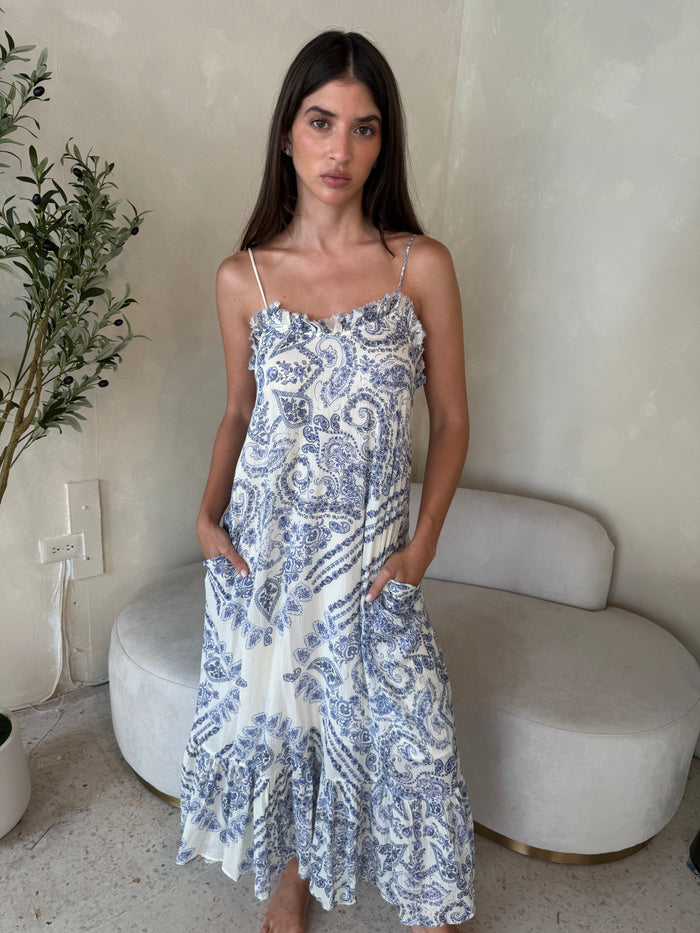 Blue Printed Frill Maxi Dress