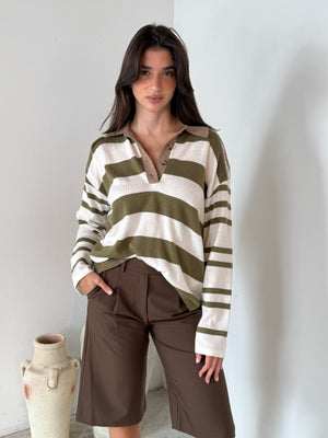 Stripe Polo LS Top