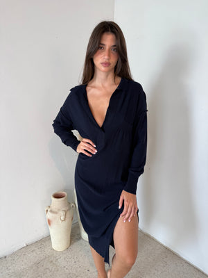 Navy Collar LS Dress