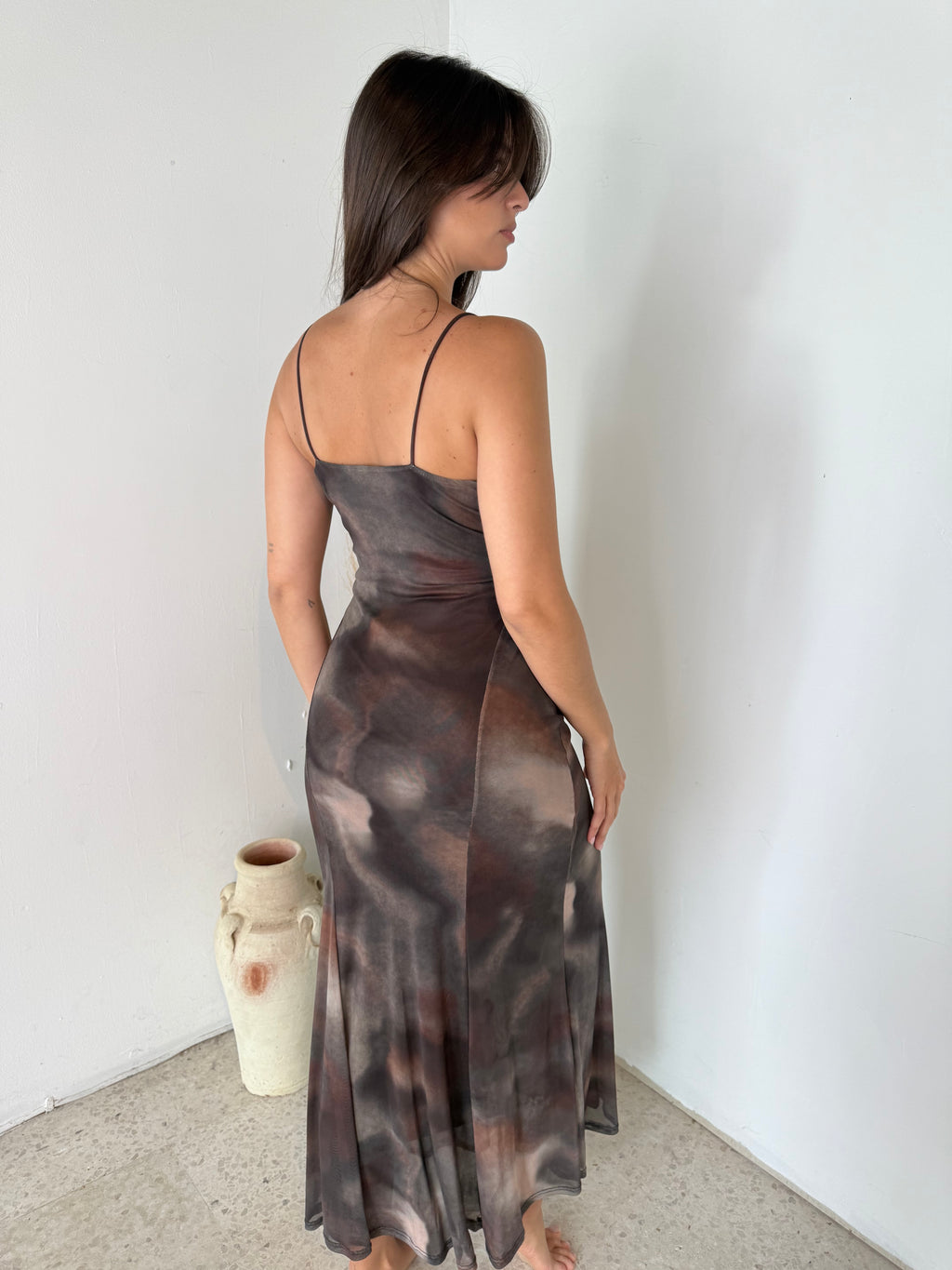 Brown Printed Mesh Maxi Dress