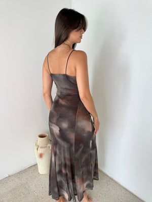 Brown Printed Mesh Maxi Dress