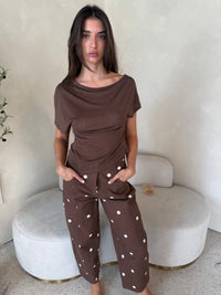 Brown Polka Barrel Denim Pants