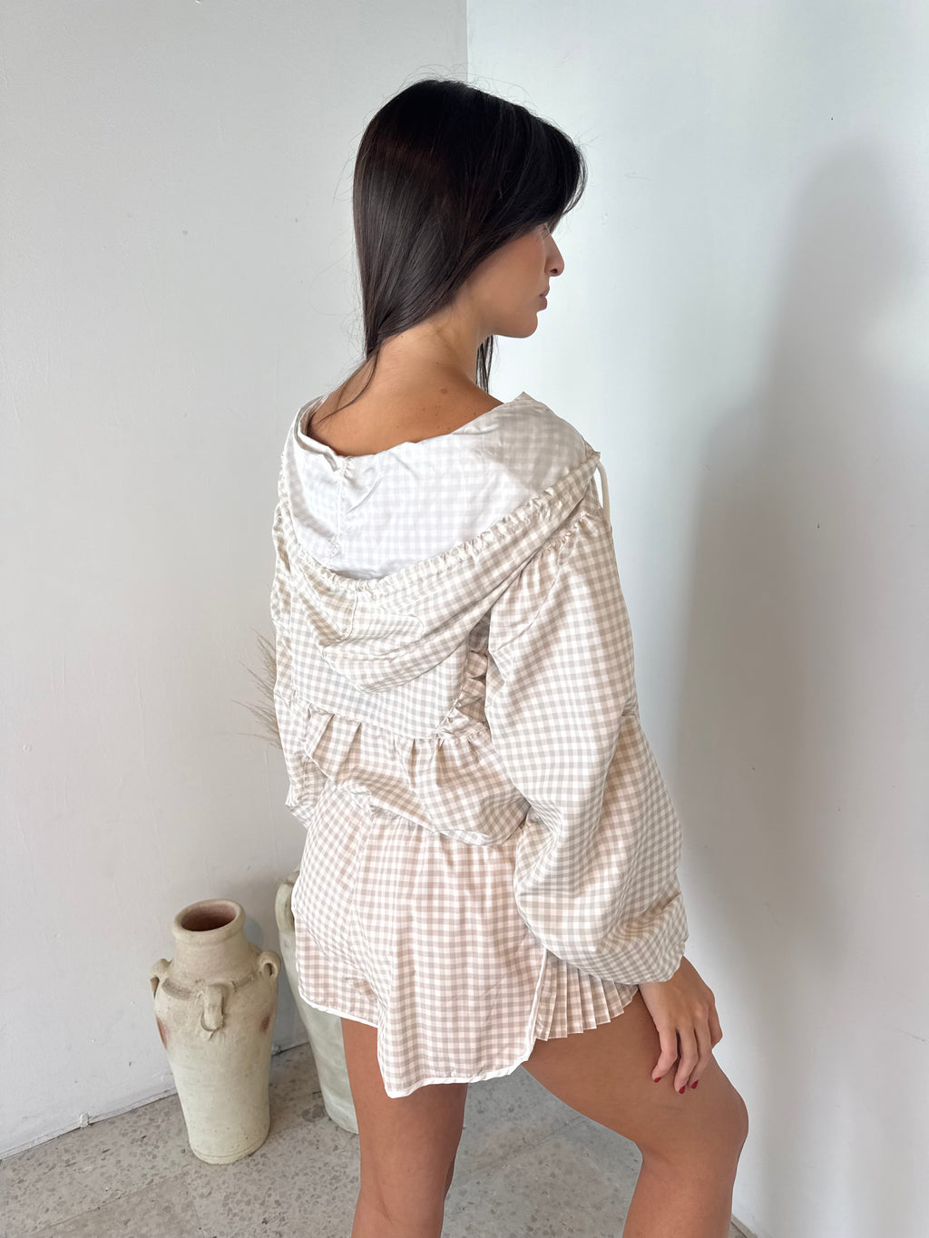 Beige Gingham Active Short
