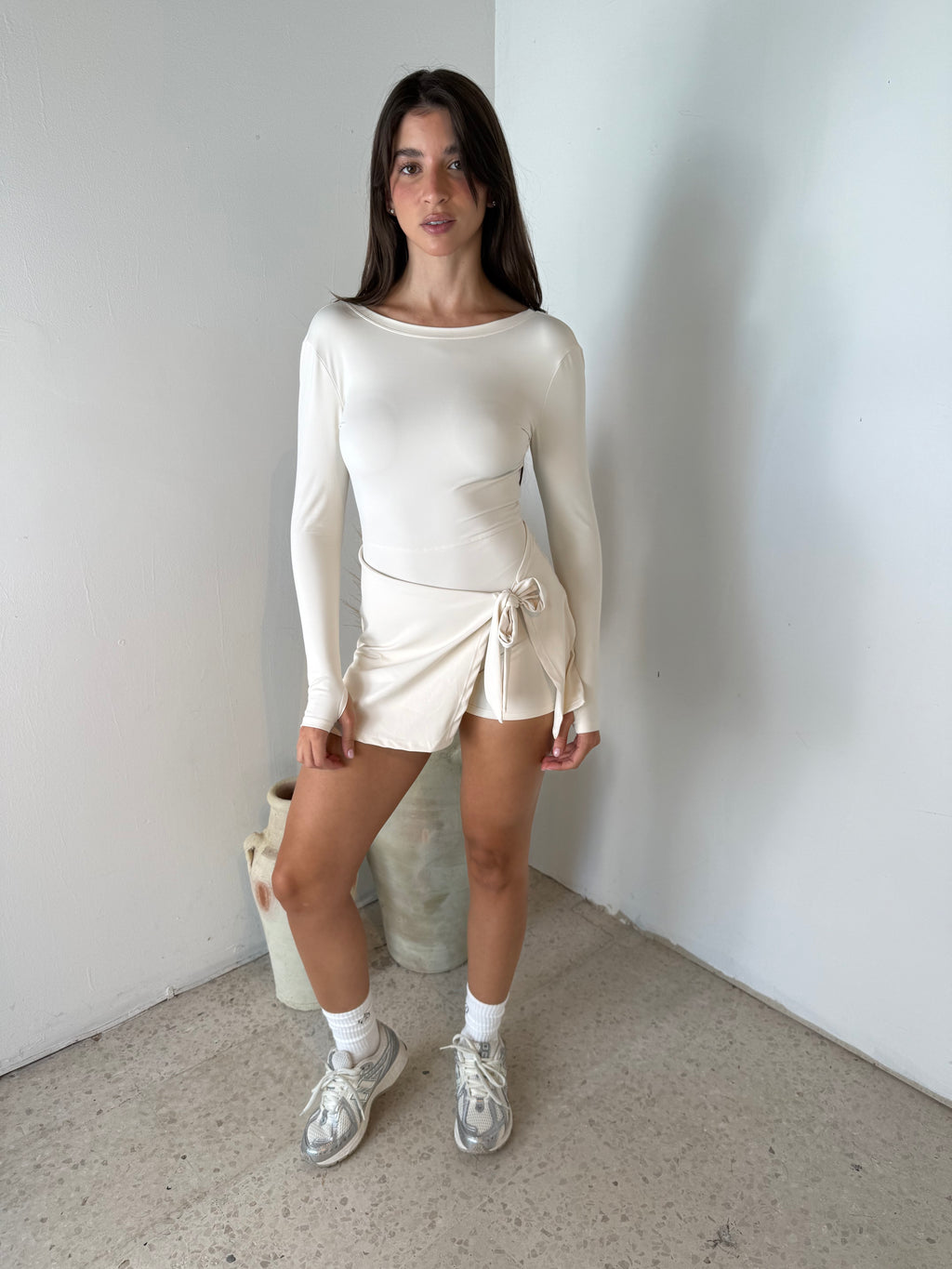 Cream LS Wrap Tie Dress