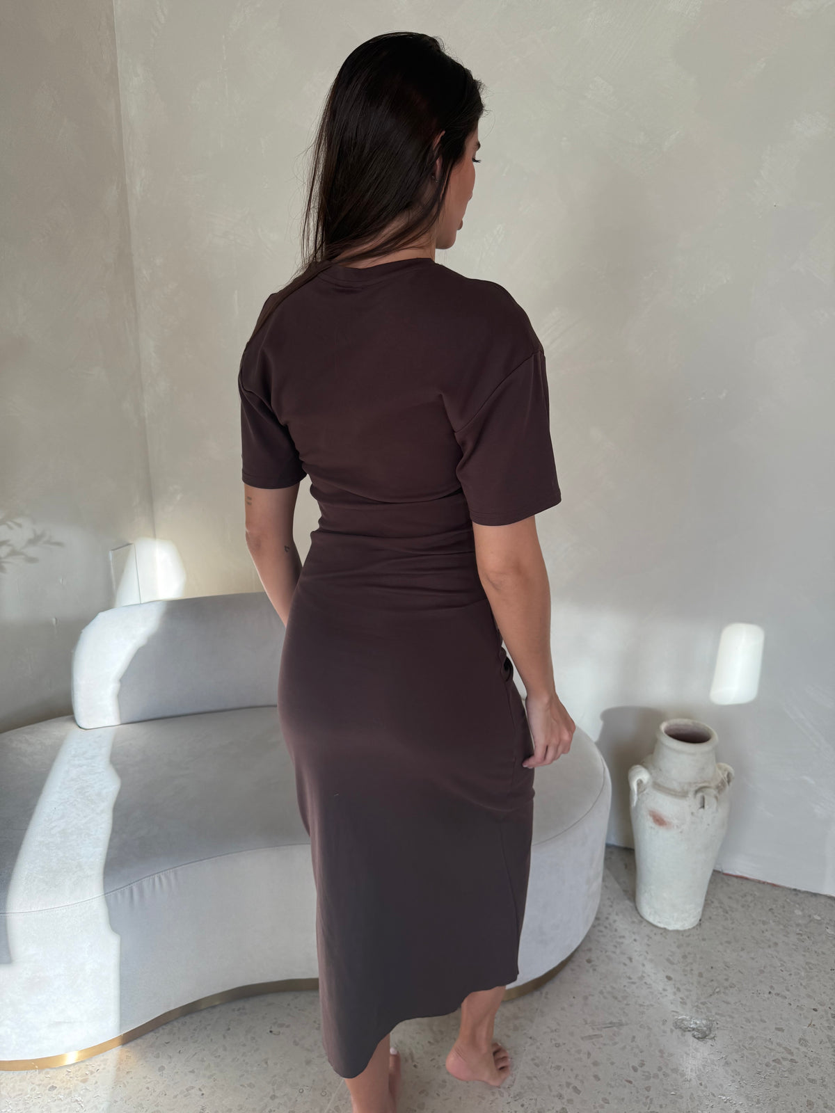 Choco Shirred Midi Dress