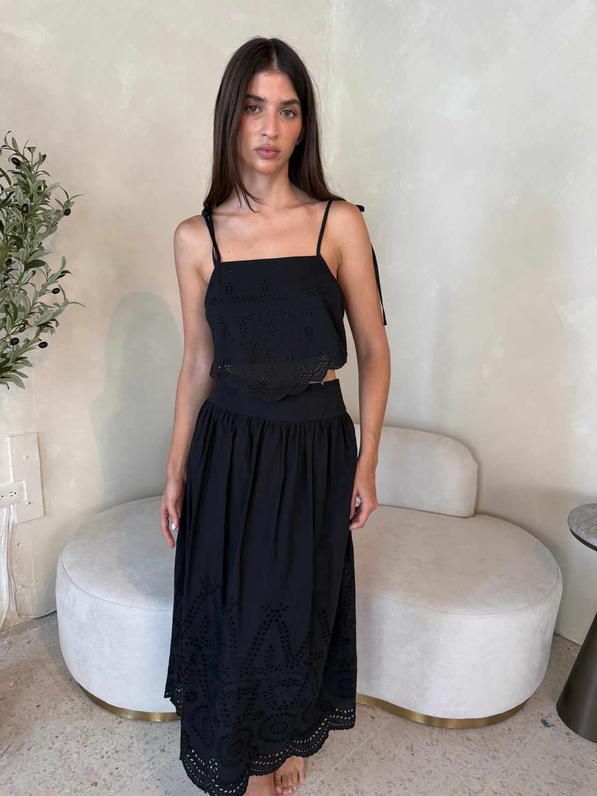 Black Embroidered Top & Midi Skirt Set