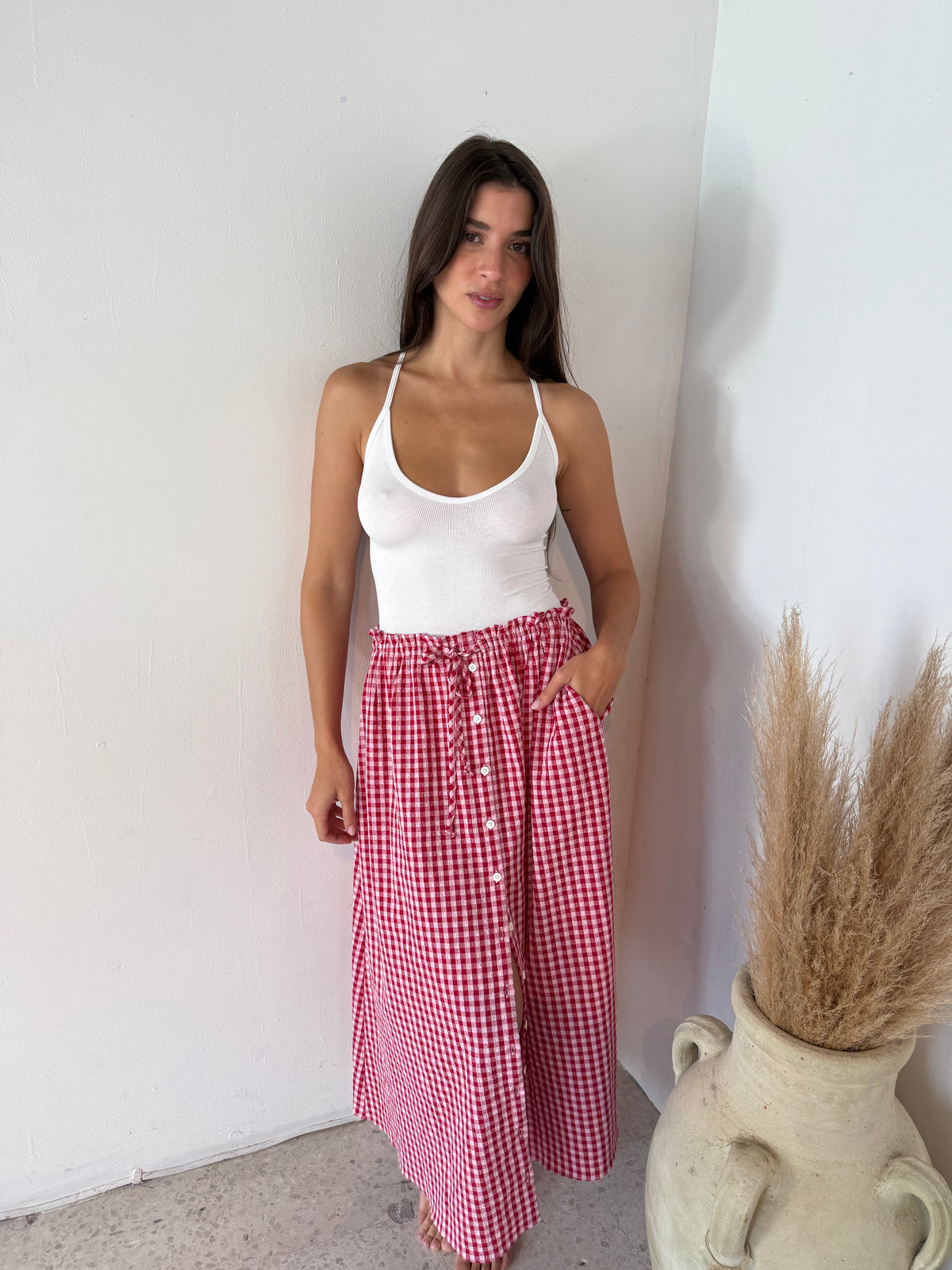 Red Gingham Midi Skirt