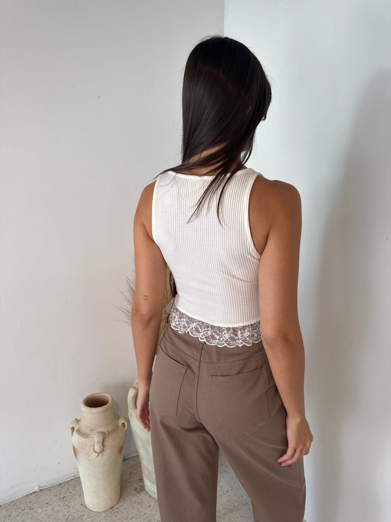 Lace Trim Ribbed Top