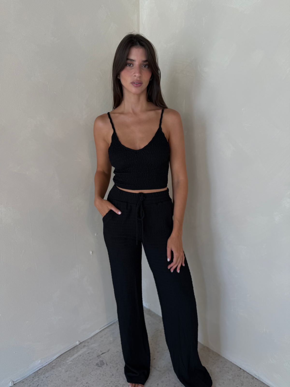 Black Smocked Top & Pant Set