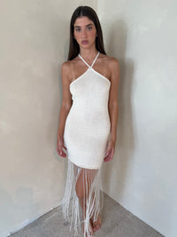 Bone Halter Dress with Fringe Pearl