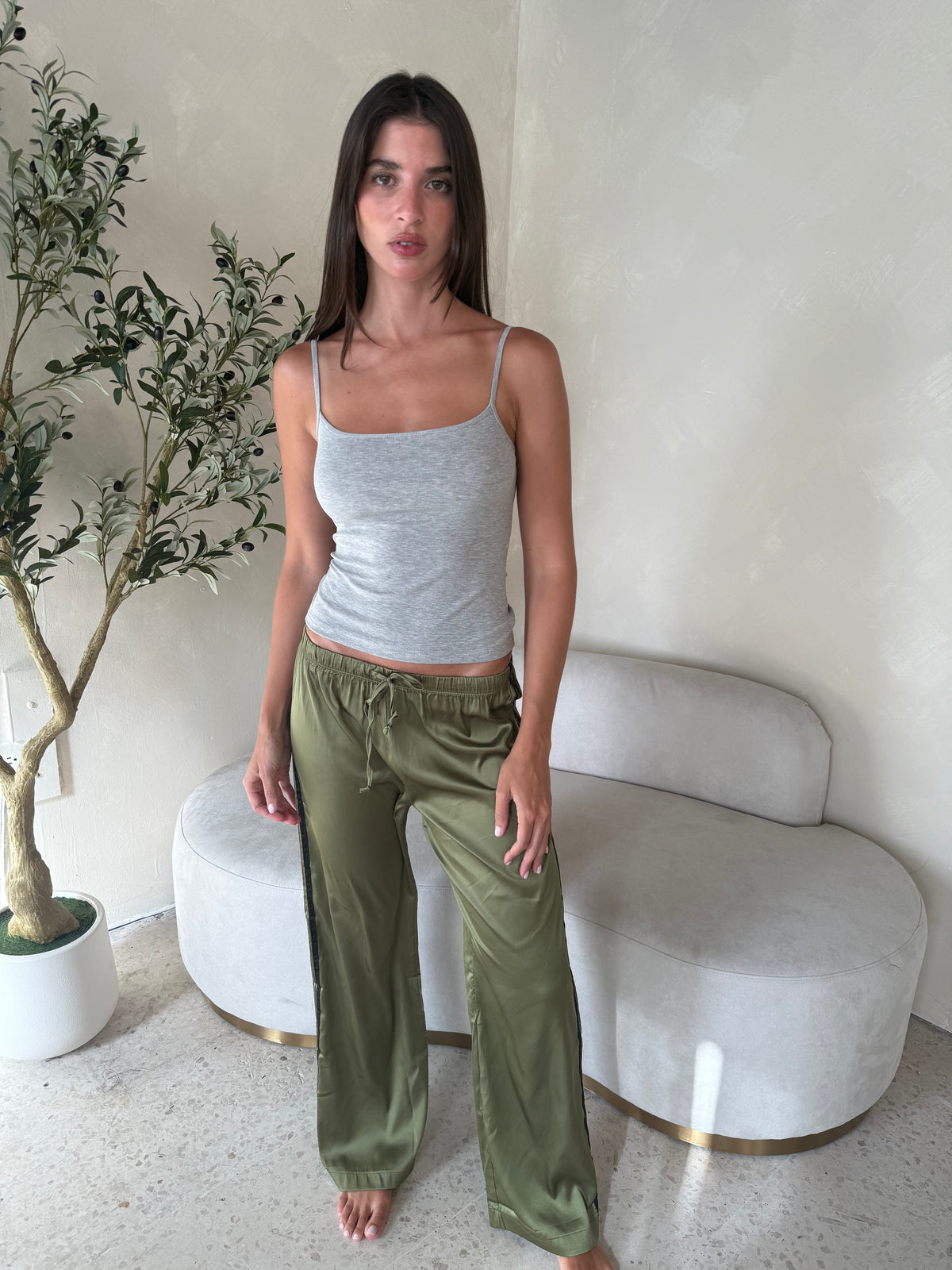 Olive Satin Elastic Pants