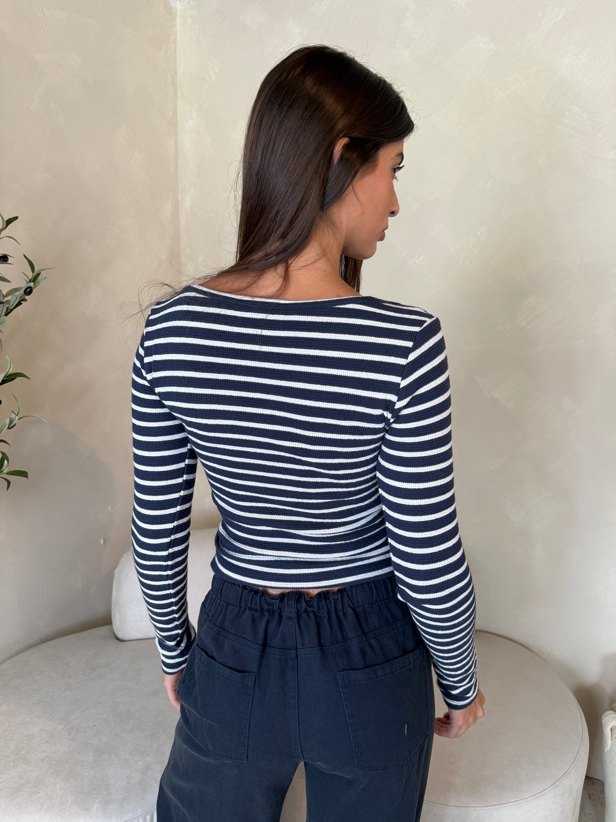 Stripe LS Halter Navy Top
