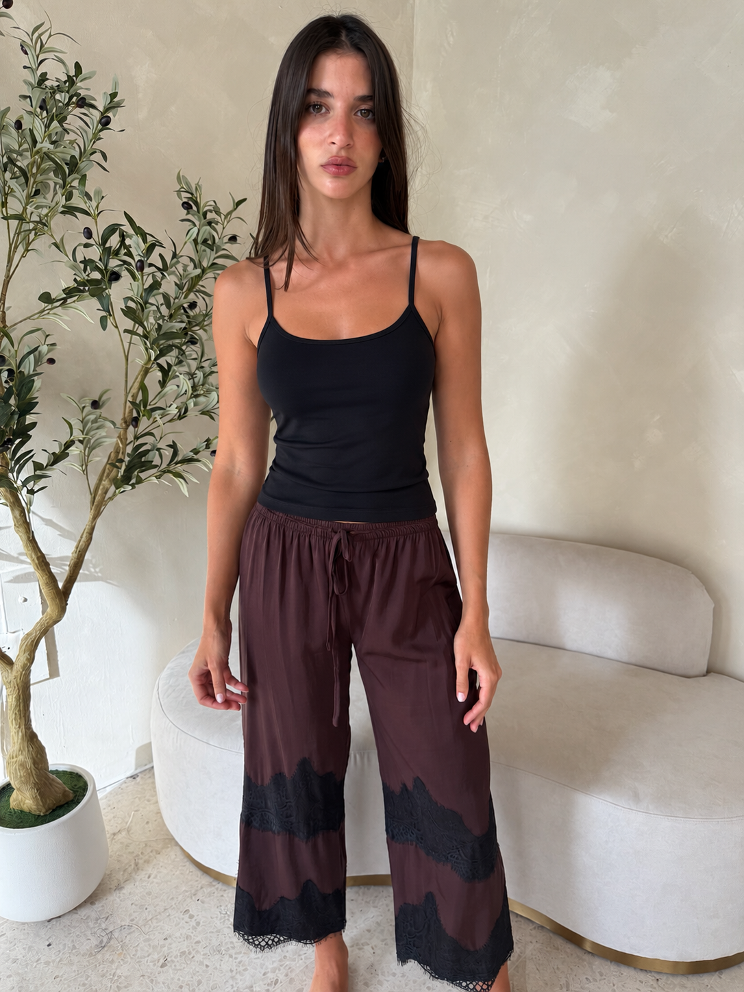 Plum Lace Trim Pants