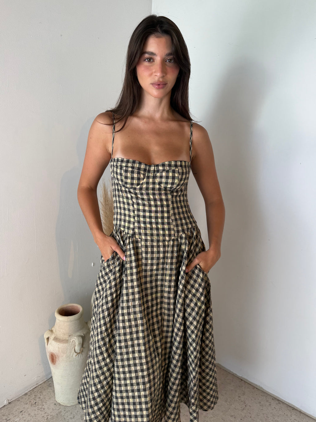 Natural Checkered Bustier Maxi Dress