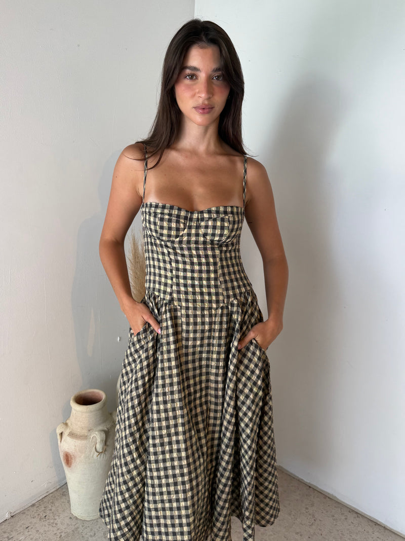 Natural Checkered Bustier Maxi Dress