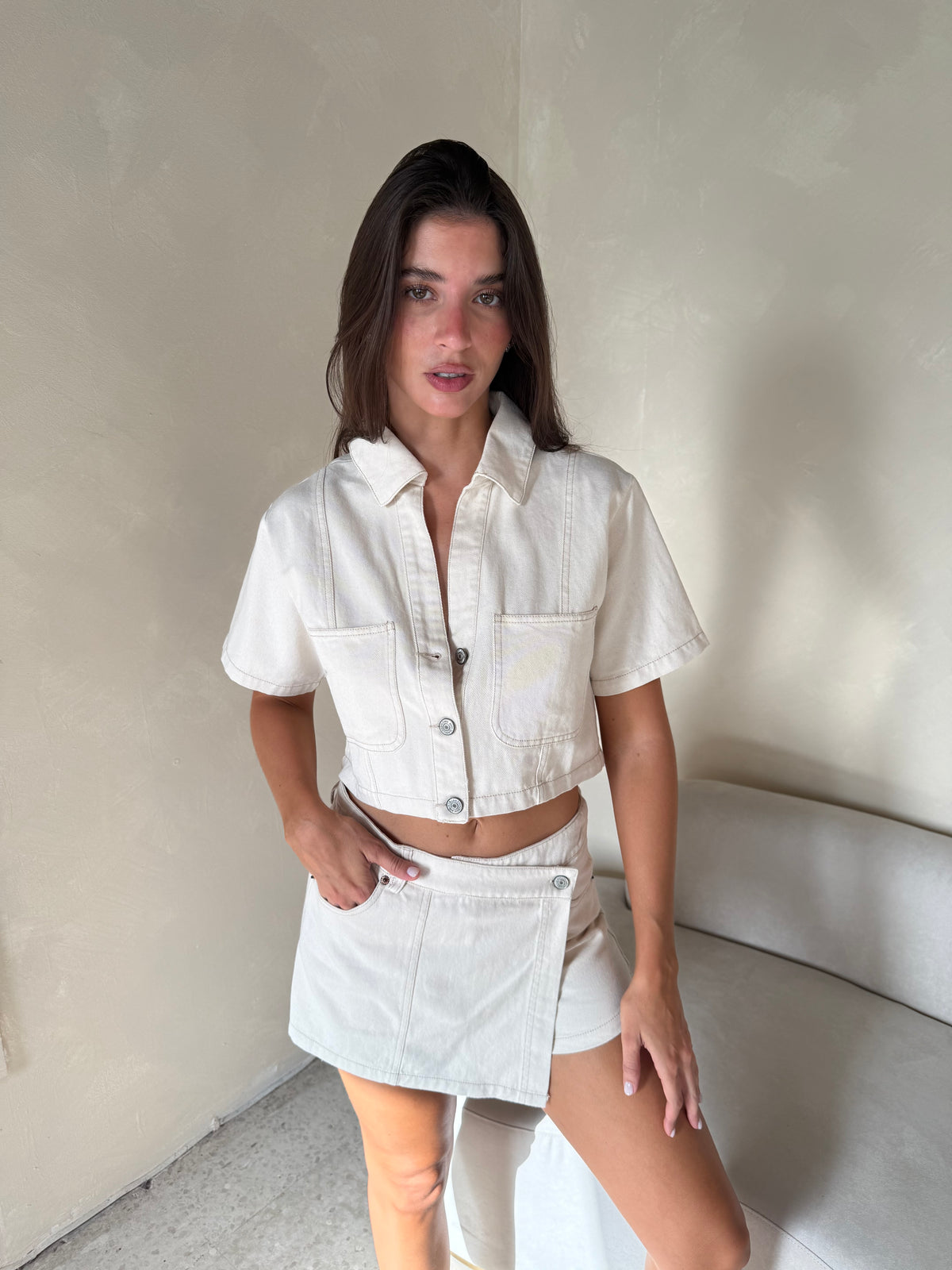 Ecru Denim Top & Skort Set