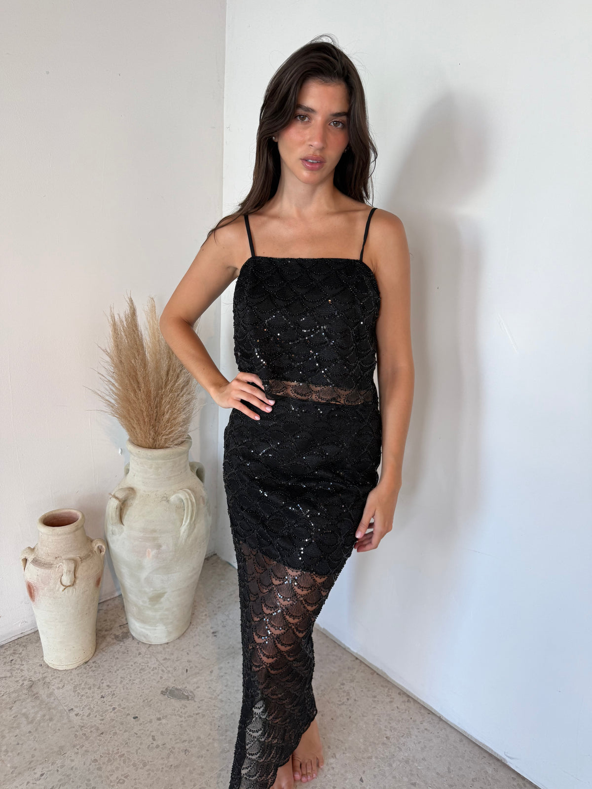 Black Sequins Crop Top & Skirt Set