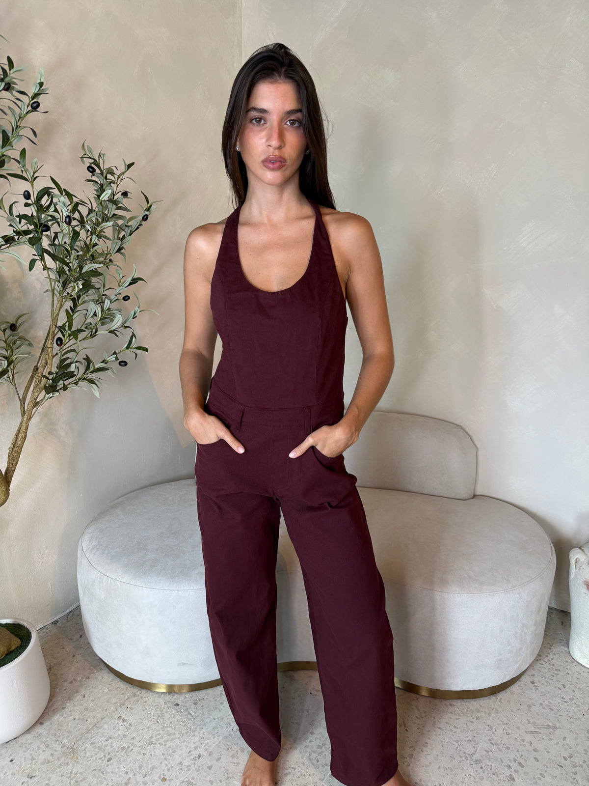 Twill Strappy Barrel Jumpsuit