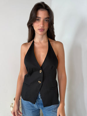 Black Halter Button Top