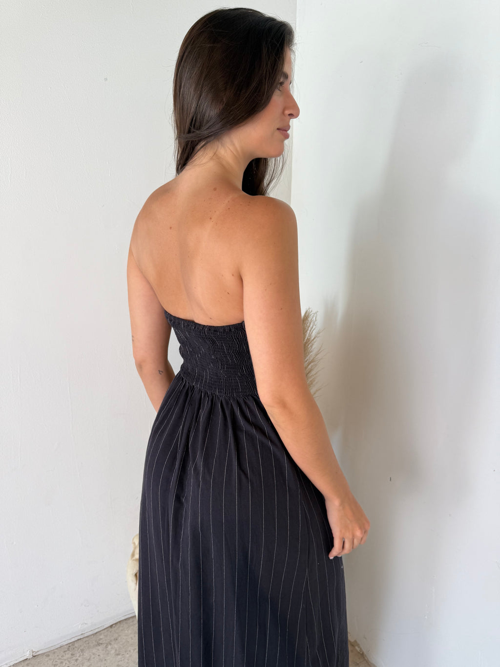 Black Linen Stripe Maxi Dress