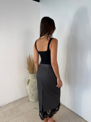 Lace Hemmed Pinstripe Pencil Skirt