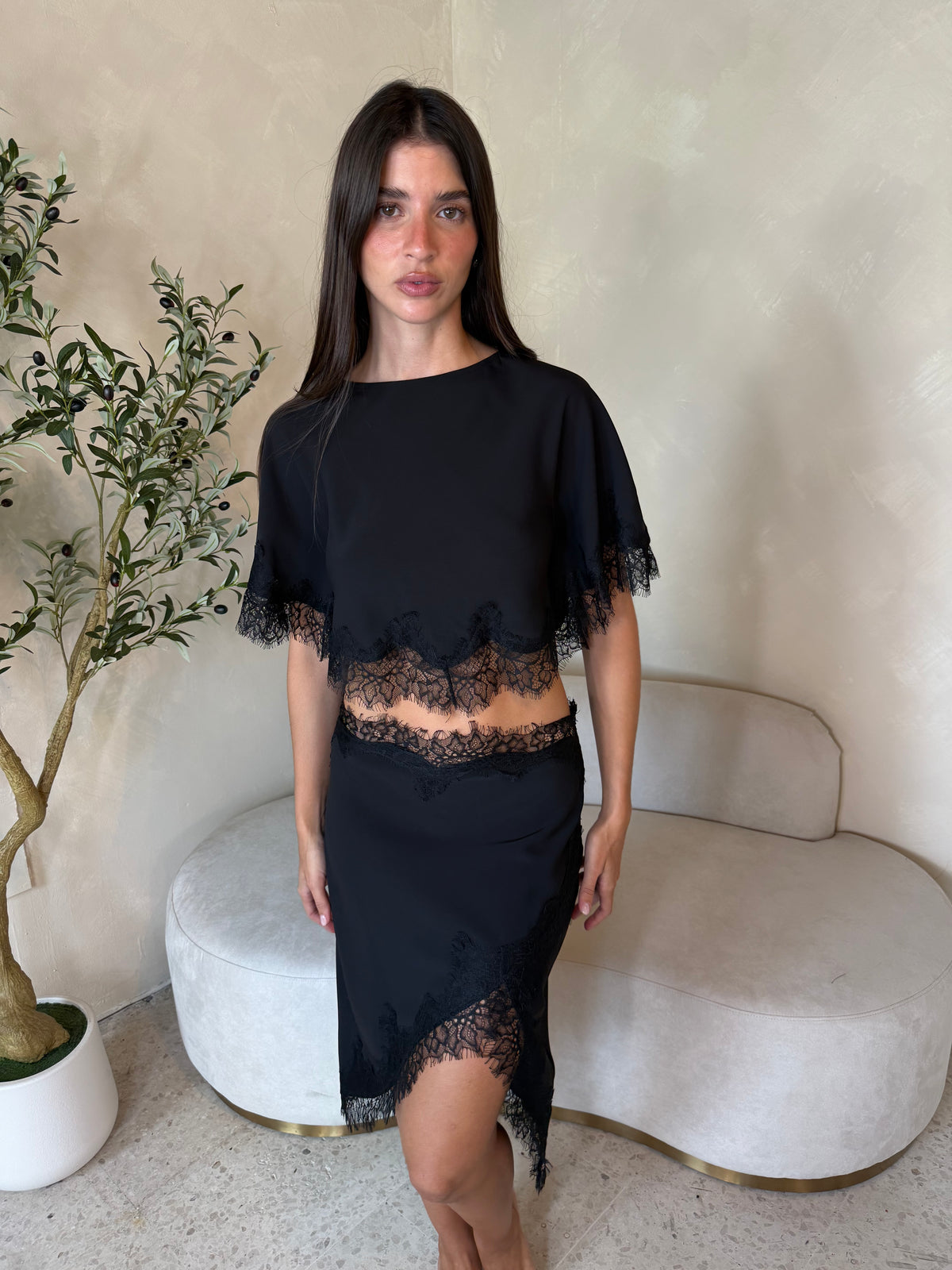 Black Satin Cape Top & Skirt Set
