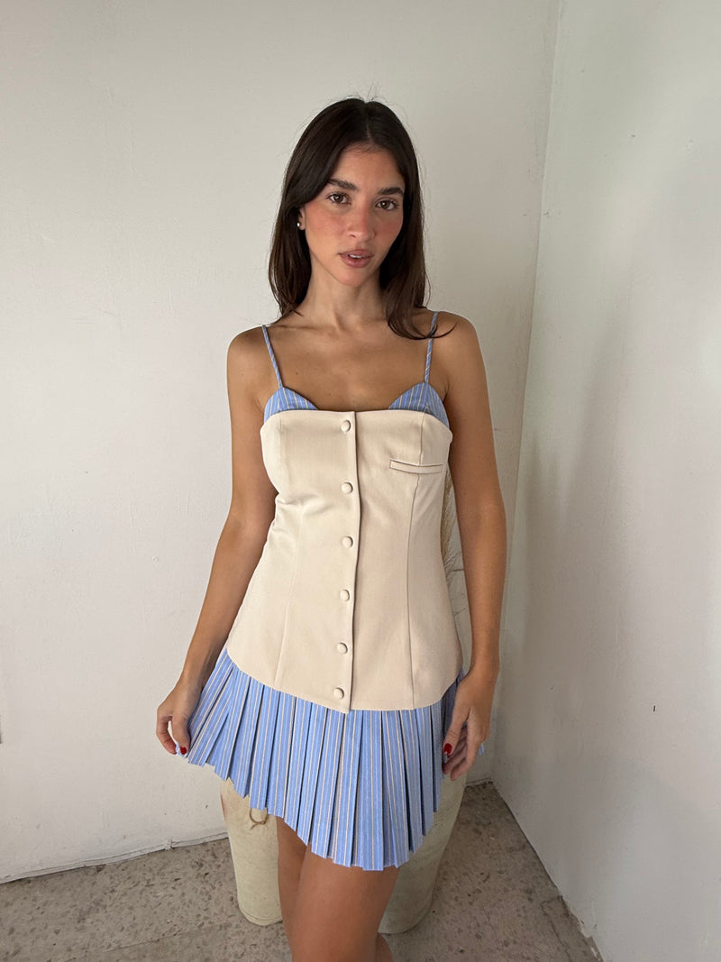 Pleated Stripe Mini Dress