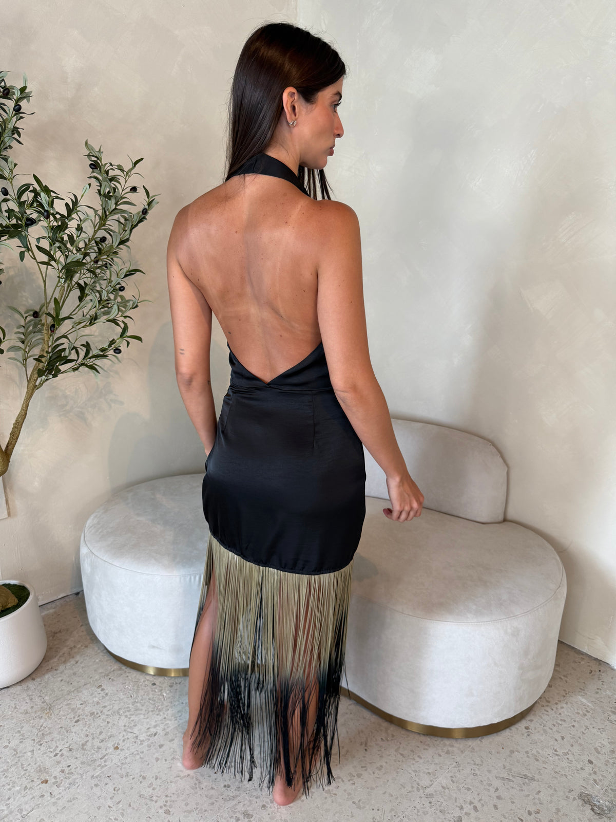 Fringe Satin Black Dress