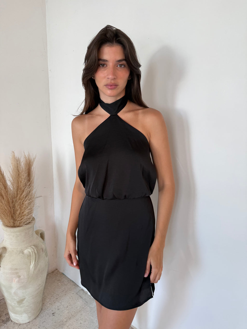 Black Satin Halter Dress