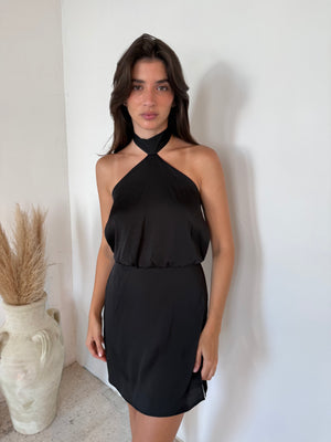 Black Satin Halter Dress