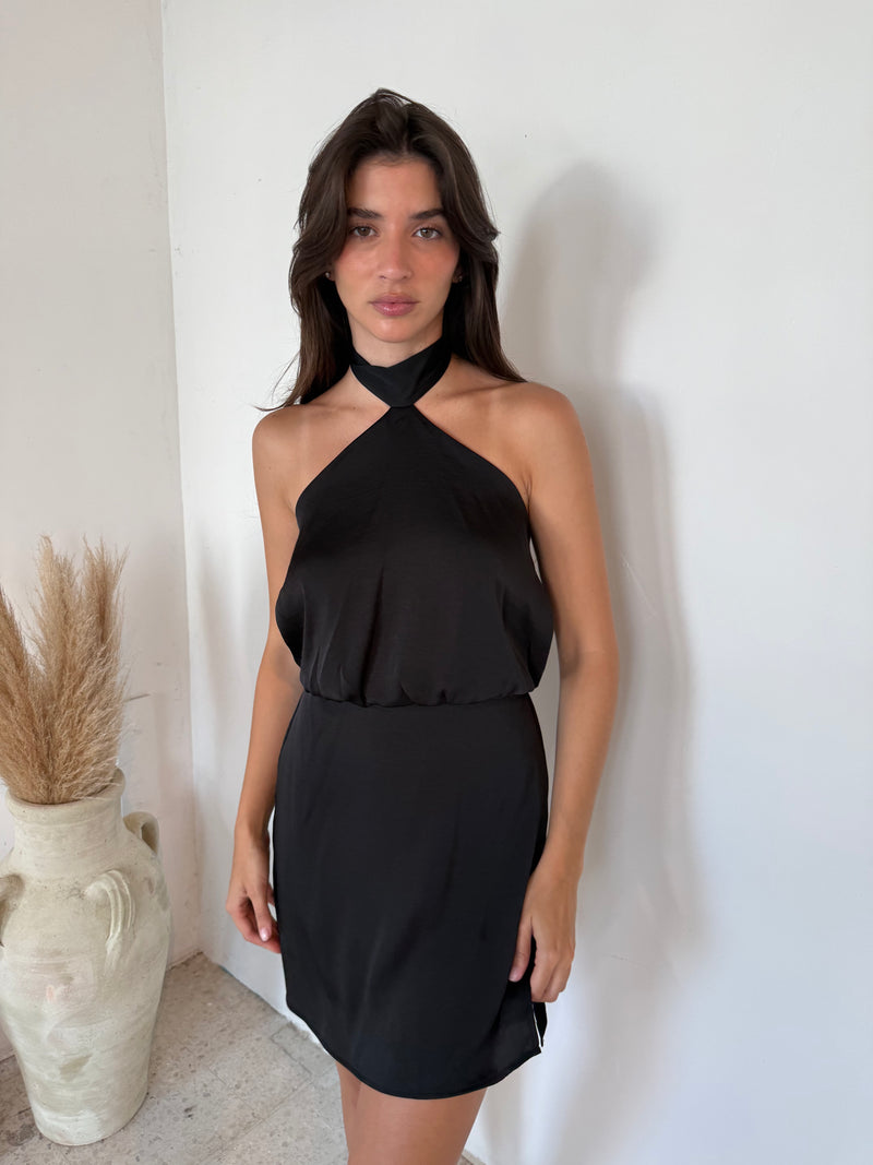 Black Satin Halter Dress