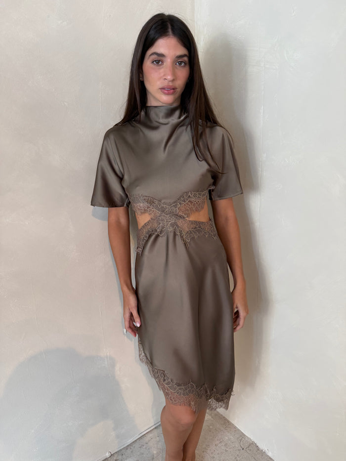 Olive Satin Lace Dress