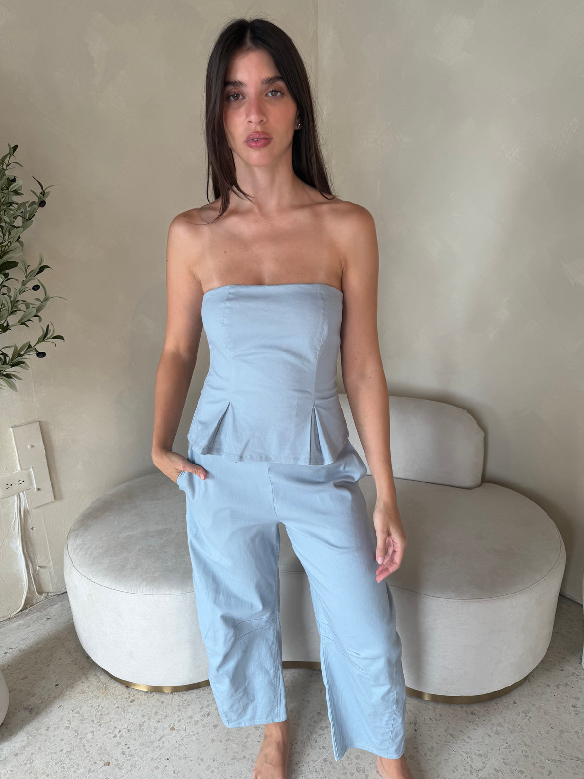 Pleated Strapless Barrel Jumpsuit